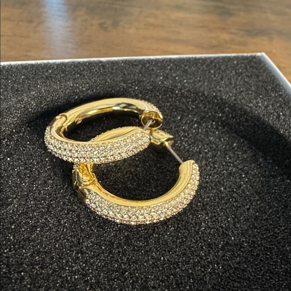 Swarovski Dextera Gold Tone Hoop Earrings with Pave White Crystals - Picture 2 of 6